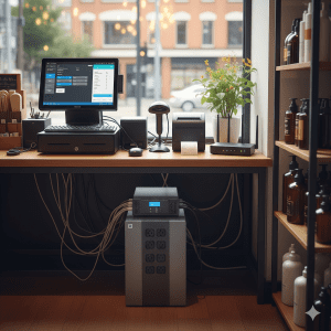 UPS رومیزی متصل به کامپیوتر در یک دفتر کوچک